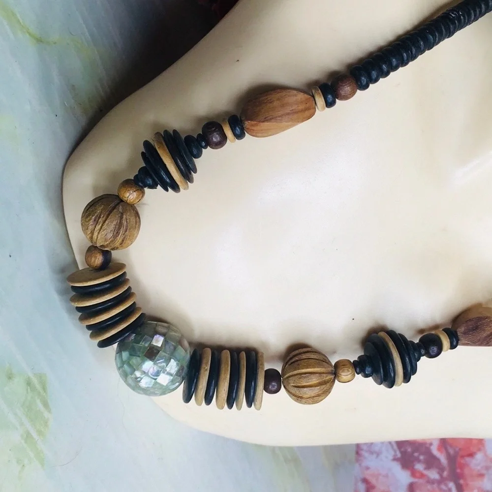 Vintage Brown and Black Boho Wooden Beaded African Inspired Necklace